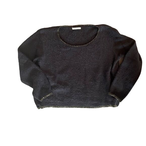 Gemo charcoal gray soft fuzzy sweater w gold metallic neck & /sleeve trim sz L - Picture 4 of 8